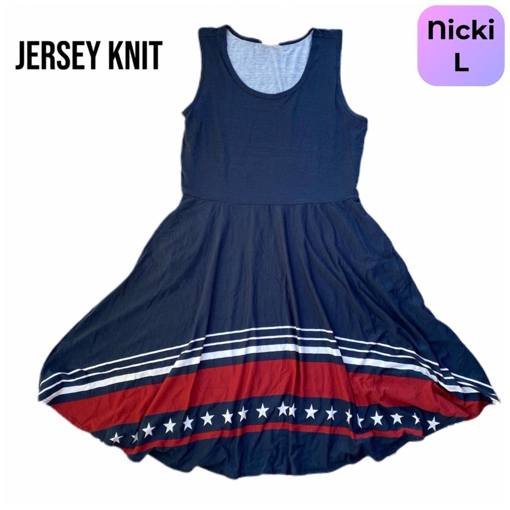 LuLaRoe Nicki Dress in Navy Blue, with White and Red Stripes